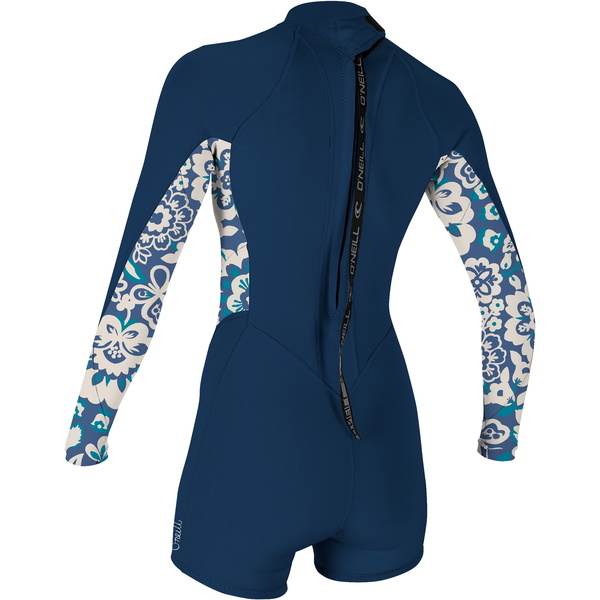 2024 O'Neill Women Bahia 2/1mm Langärmel Rückenreißverschluss Shorty Neoprenanzug 5291 - French Navy / Crisflor