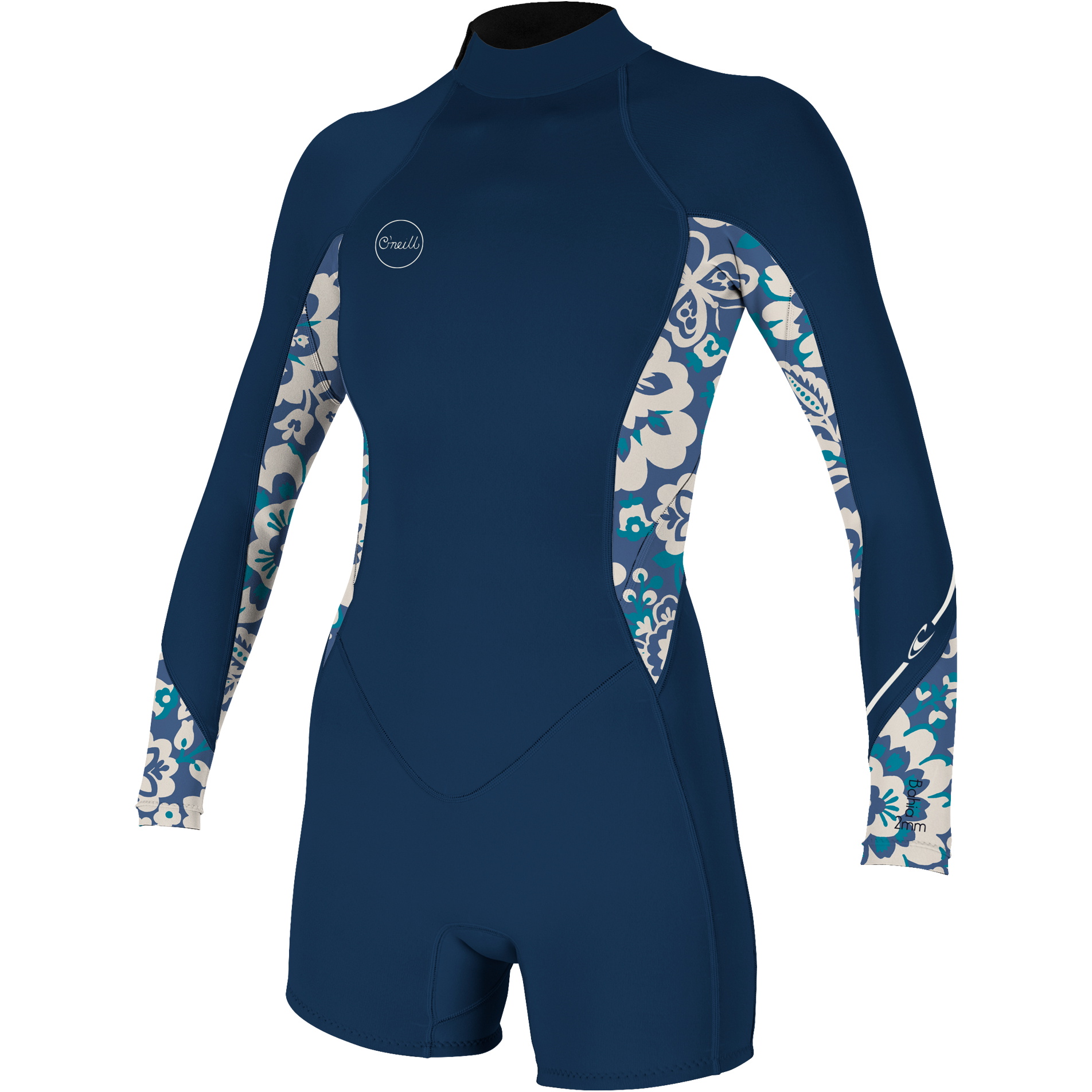 2024 O'Neill Women Bahia 2/1mm Langärmel Rückenreißverschluss Shorty Neoprenanzug 5291 - French Navy / Crisflor