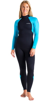 2026 C-Skins Frauen Surflite 3/2mm Gbs Rückenreißverschluss Neoprenanzug C-SL32WBZ - Raven Black / Bright Cyan / Azure