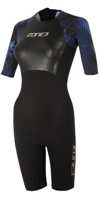 2025 Zone3 Frauen Tropical Palm Rückenreißverschluss Shorty Swimskin SS21WWTC101 - Black / Blue