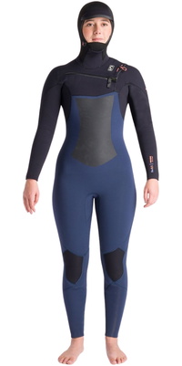 2025 C-Skins Frauen NuWave ReWired 6/5mm Brustreißverschluss Mit Kapuze Neoprenanzug C-NRW65WH - Bluestone / Black X / Coral