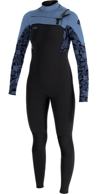 2025 ONeill Frauen Epic 4/3mm Brustreißverschluss Neoprenanzug 5651 - Black / Stormy Palm / Fade Denim