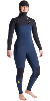2025 C-Skins Frauen NuWave Solace 5/4/3mm Brustreißverschluss Mit Kapuze Neoprenanzug C-NSO54WH - Bluestone / Black X / Saffron