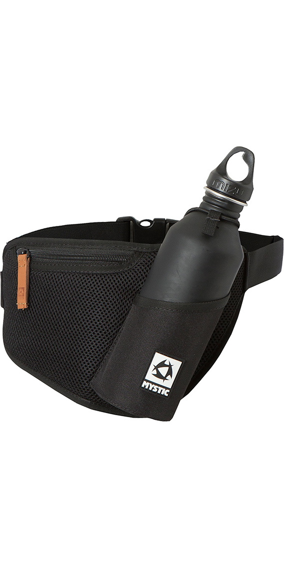 Black neoprene waist belt with a holstered water bottle and a Mystic logo, on a white background