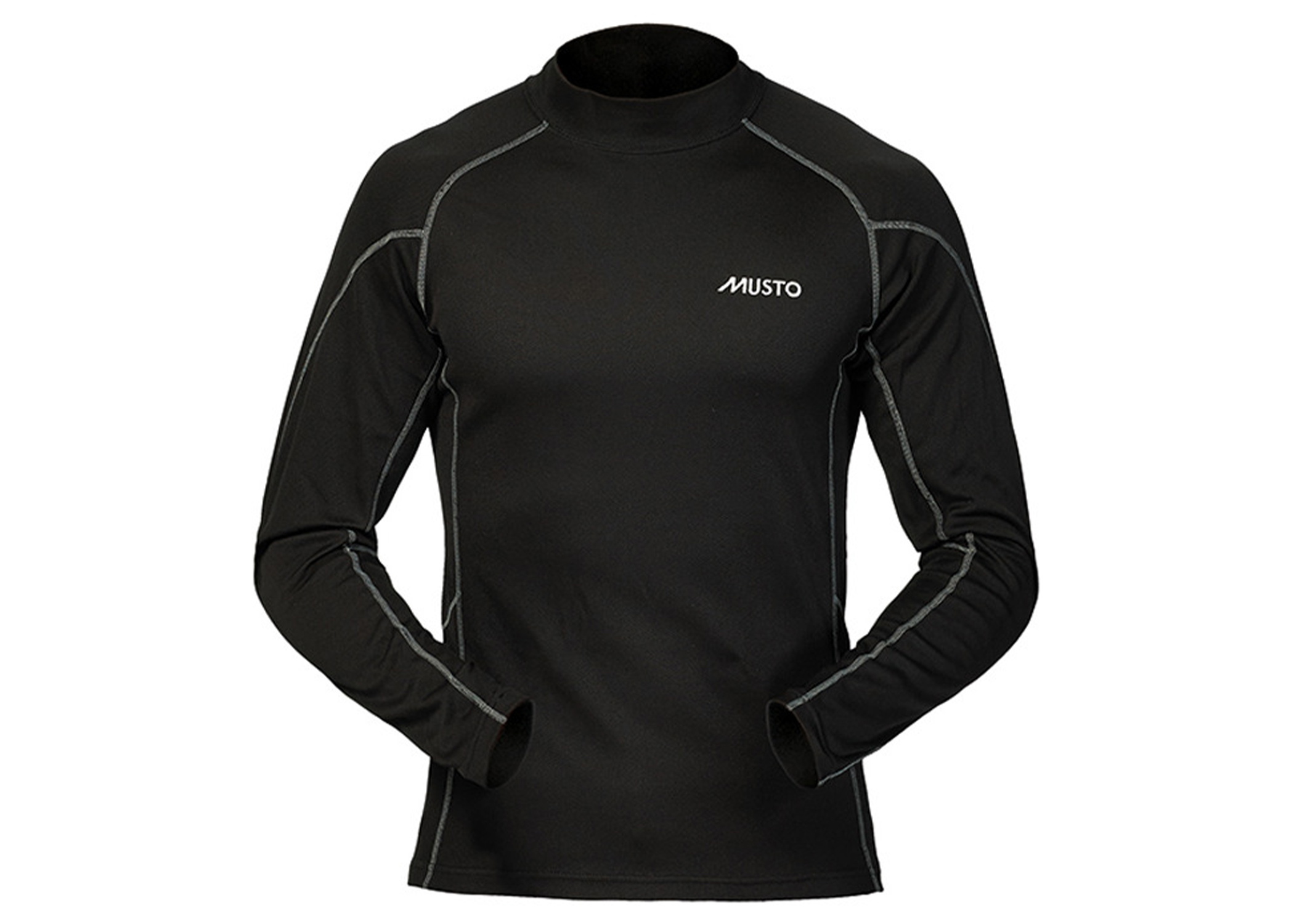 Black long-sleeved Musto base layer top with high neck, shown on a plain background