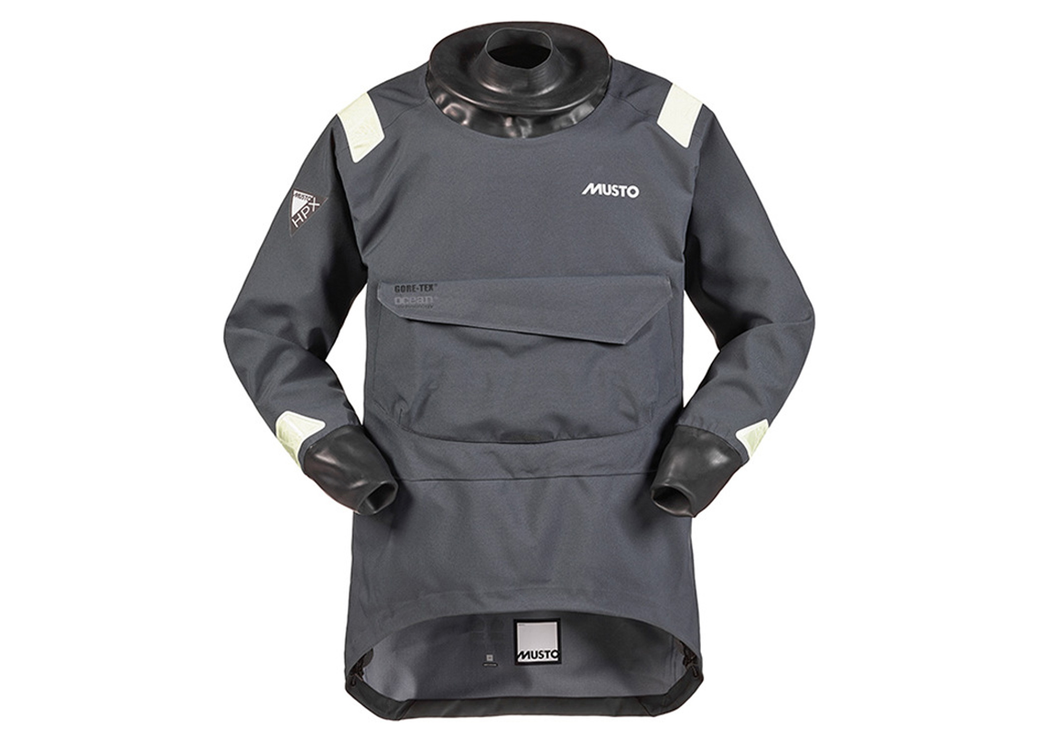 Grey and black Musto sailing smock with neck seal, shown on a plain white background