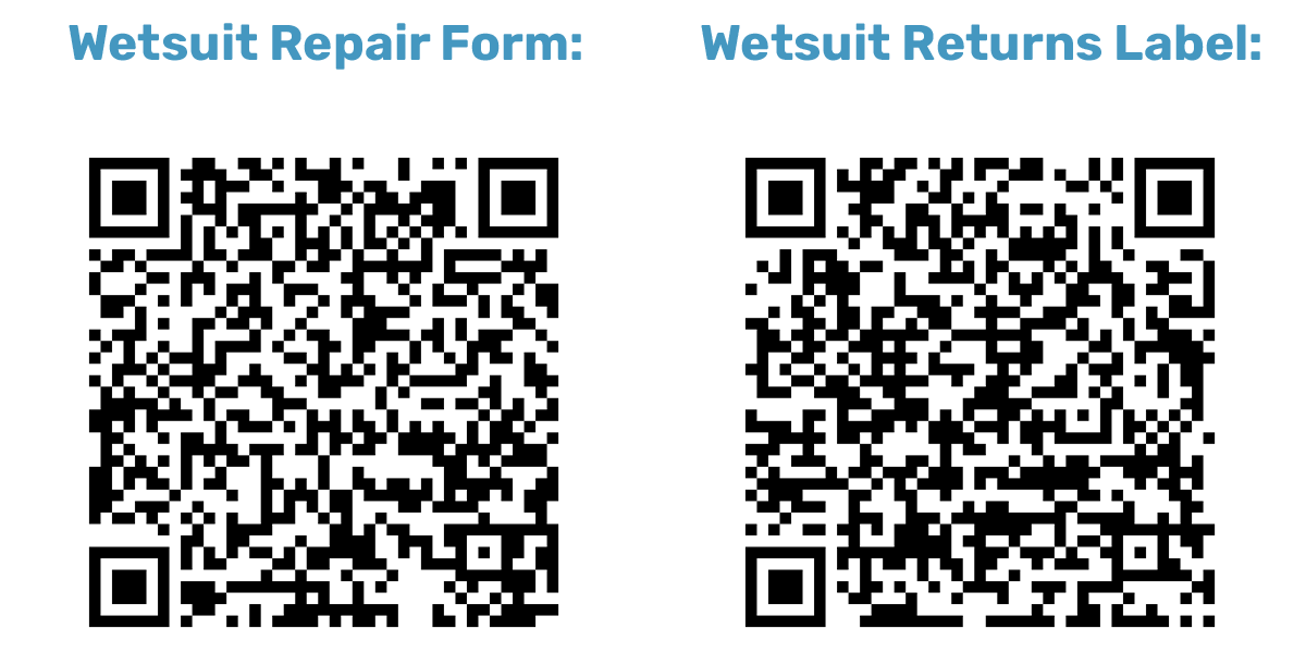 Two QR codes labelled Wetsuit Repair Form and Wetsuit Returns Label