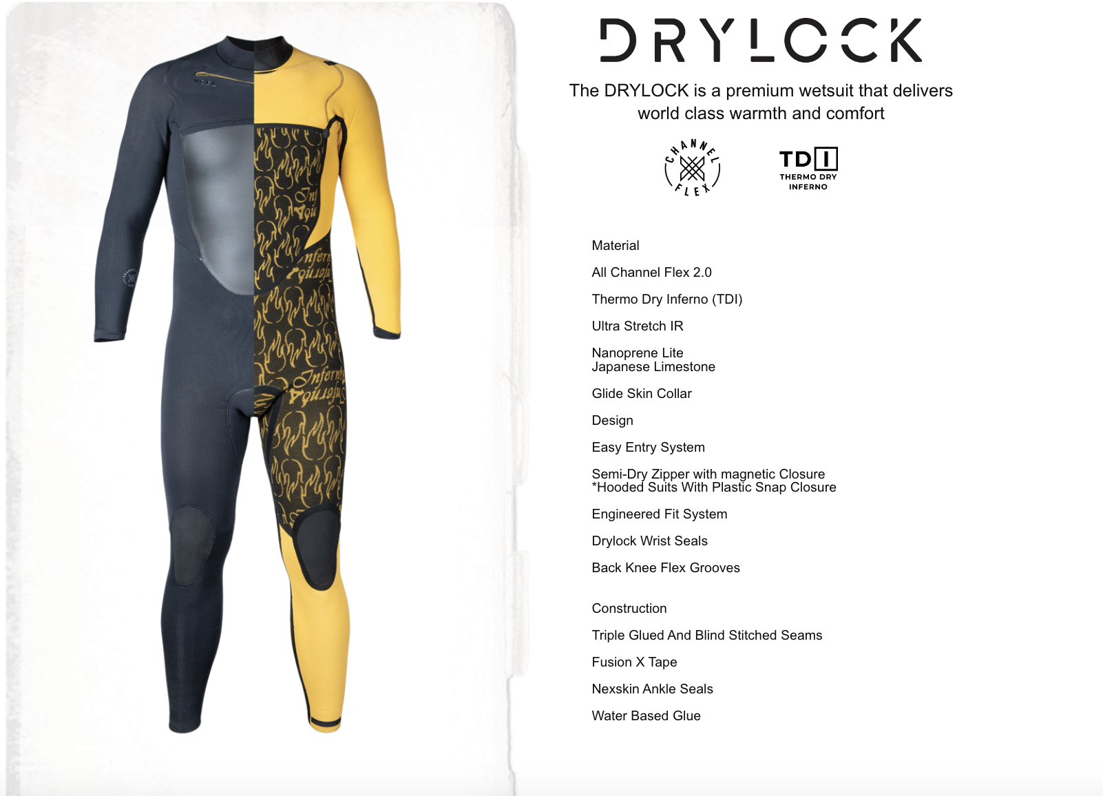 Drylock wetsuit spec page, front and back of a black and gold fullsuit beside a list of features