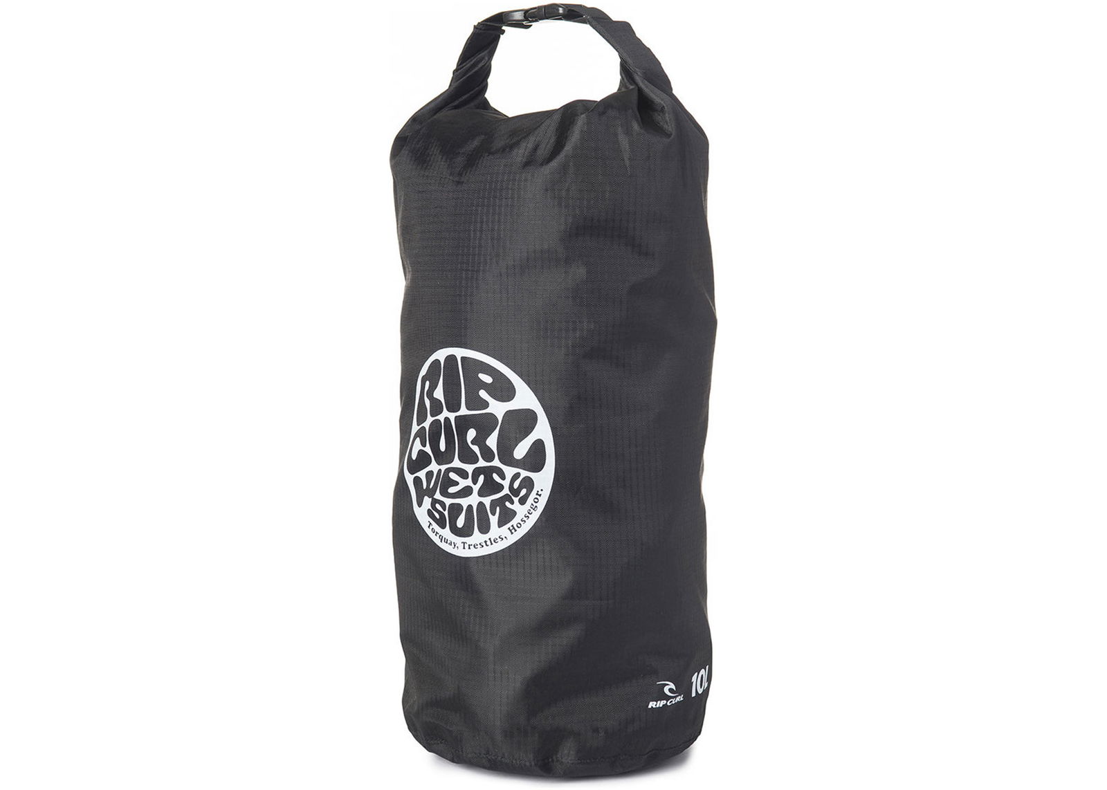 Black Rip Curl roll-top dry bag with a circular logo and grab handle on a white background