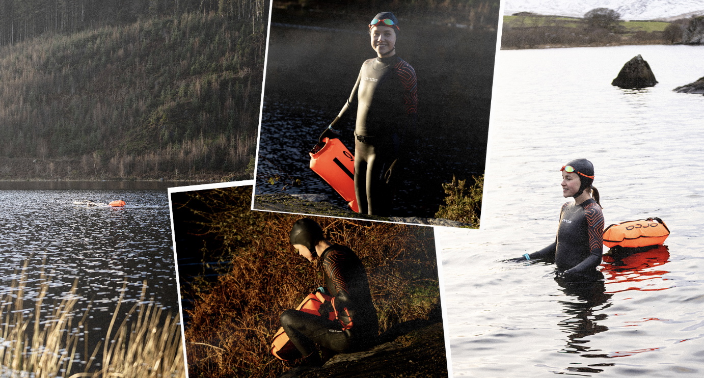 Collage of photo prints showing a swimmer in a black wetsuit entering a lake with an orange tow float
