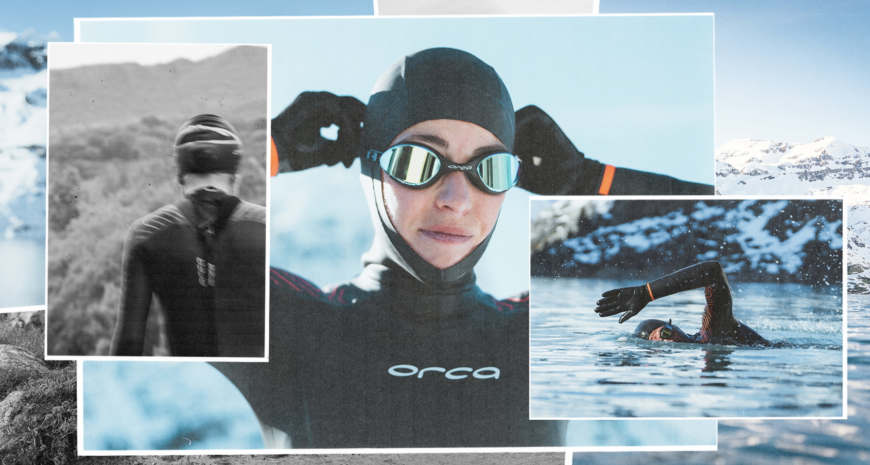 Photo collage of cold-water swimmers in neoprene caps, gloves and goggles beside a snowy shoreline