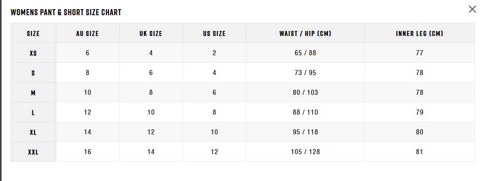 Zhik Womens Pants Shorts 0 Größentabelle
