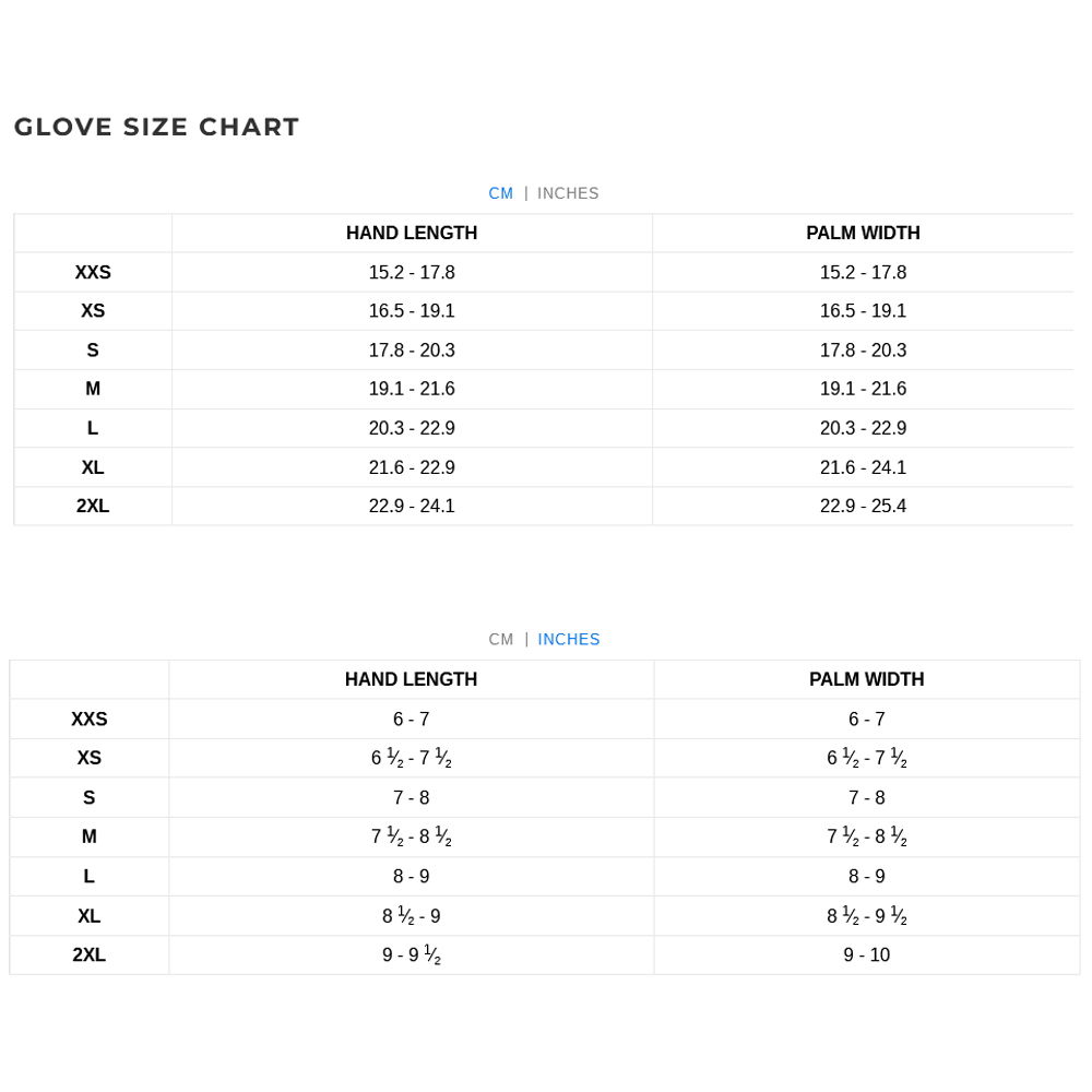 Xcel Gloves 22 0 Größentabelle